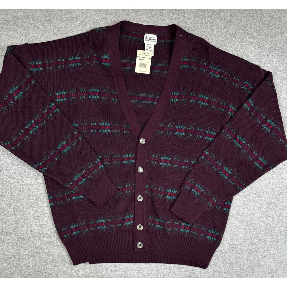 VTG Maglificio Florence Cardigan Sweater L Burgundy Wool Fair Isle Italy